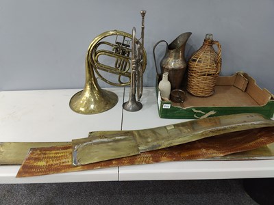 Lot 29 - Box of Misc, Including Brass Instruments, metal panels & Various sundries