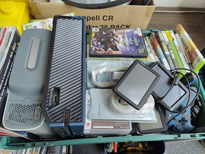 Lot 5 - Large box with consoles, games, accessories and tom toms