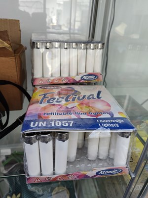 Lot 96 - 3 boxes of Festival refillable flint lighters. 2 boxes full, 1 almost full
