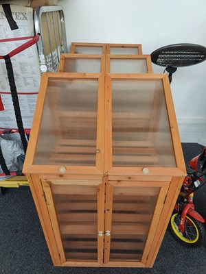 Lot 216 - 3 wood framed greenhouses with removable internal shelves