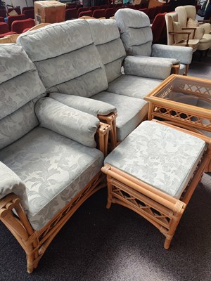 Lot 196 - Set of Conservetory Furniture comprising sofa, 2 chairs, footstool and table in blue fabric