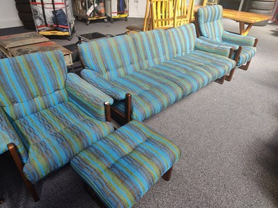 Lot 194 - j Cinnamon london 1950's Large retro sofa, 2 chairs and footstool in danish style with original stylish fabric