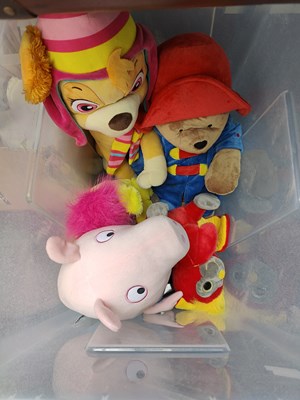 Lot 66 - Box of soft toys including Peppa pig, paddington and paw patrol