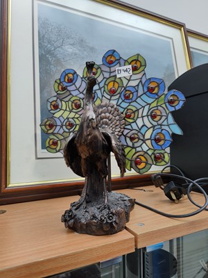 Lot 87 - Coloured glass fan tail peacock decorative lamp