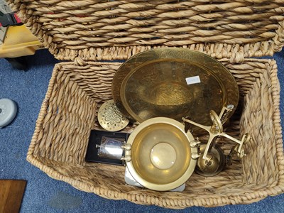 Lot 167 - Collection of brass and metal items in wicker basket