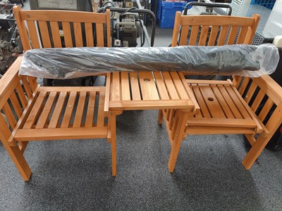 Lot 209 - Pair of chairs with joining table and parasol in teak wood finish