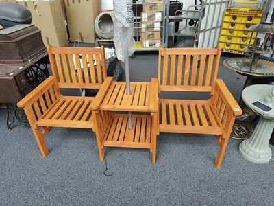 Lot 255 - Pair of chairs with joining table and parasol in teak wood finish