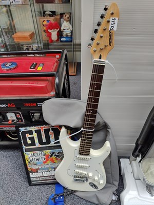 Lot 115 - Electric guitar in carry case with Framed poster
