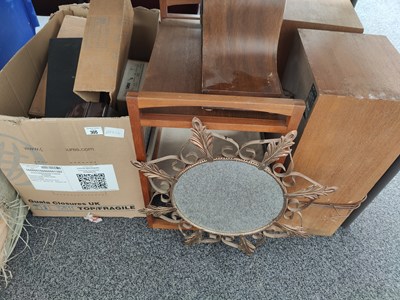 Lot 305 - Box of misc, speakers, magazine rack and mirror bundle