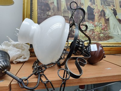 Lot 74 - Vintage wood, metal and glass ceiling light