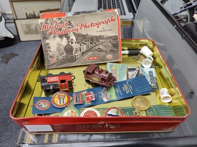 Lot 193 - Tin of misc railway collectables