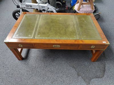 Lot 255 - Large wood and metal coffee table with drawers and leather top