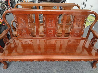 Lot 211 - Pair of wooden benches carved in oriental style with minor repairs