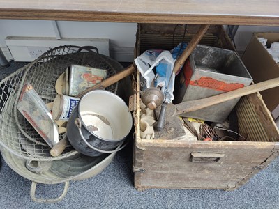 Lot 48 - Box and bucket with misc including vintage traps