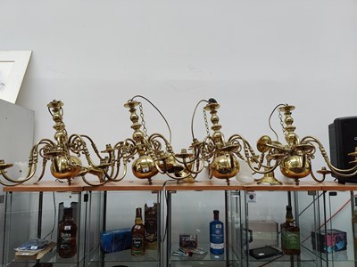 Lot 80 - 4 Brass chandeliers with glass shades