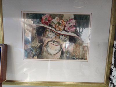 Lot 76 - Framed picture of bearded man wearing floral hat signed by Ian mclhenn