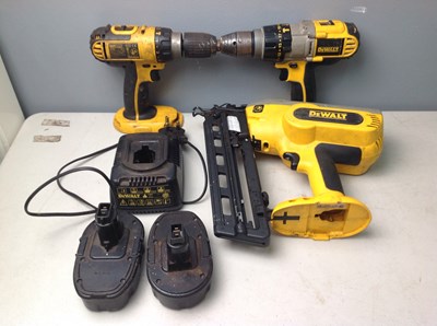 Lot 23 - 2 Dewalt Drills & Nail Gun With 2 Batteries & Charger