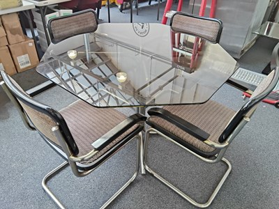 Lot 198 - Retro smoked glass hexagonal table with 4 chrome and fabric chairs