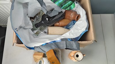Lot 355 - Box of misc including vintage glass bottles