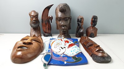 Lot 26 - Qty Of African Wooden Carvings, Faces & Ceramics
