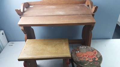 Lot 140 - Wooden bench and 2 stools carved with kids scenes