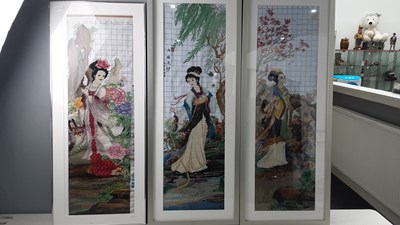 Lot 167 - Collection of 3 framed cross stitch artwork featuring japanese geisha