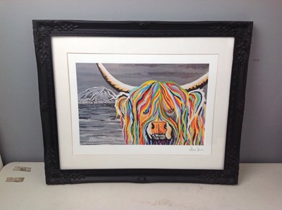 Lot 150 - Steven Brown signed colourful Highland cow painting