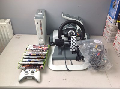 Lot 13 - Xbox 360 with steering wheel, pedals, accessories and 10 games