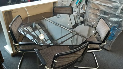 Lot 291 - Retro smoked glass hexagonal table with 4 chairs