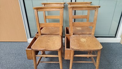 Lot 191 - 4 vintage wooden church choir chairs with book holders