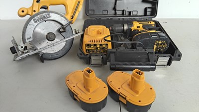 Lot 25 - Dewalt cordless circular saw and drill with 2 batteries and charger working order