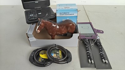 Lot 230 - Small box of misc including DVD player,kindle,horse