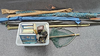 Lot 163 - Large Fishing Equipment Bundle, Including Fly Rods, Beach Casters, Nets & Rod Holders, Fly Fishing Reels & Fishing Books