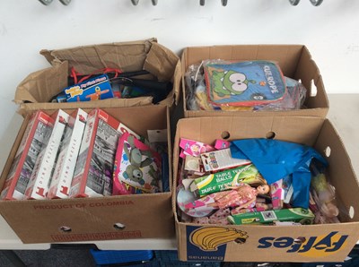 Lot 211 - 4 Boxes Of Assorted Kids & Misc, Including Puzzles, Horns, Bags ETC