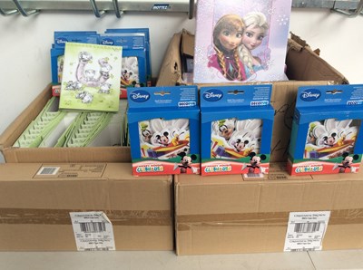 Lot 208 - 2 Boxes Of Folders, Frozen & Cats & Two Boxes Of Mickey Mouse Wall Decorations