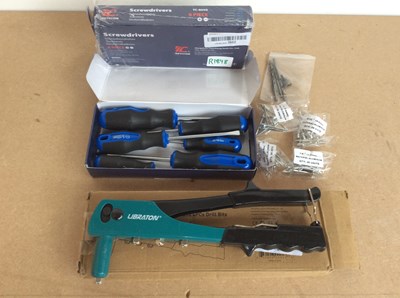 Lot 85 - 2 Packs Of Screwdrivers & 1 Rivet Gun With 80PCs Rivets & 4PCs Drill Bits
