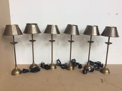 Lot 77 - Set off 6 antique brass gold slim lamps