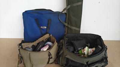 Lot 207 - Qty of fishing equipment including bags, reels, nets and holders