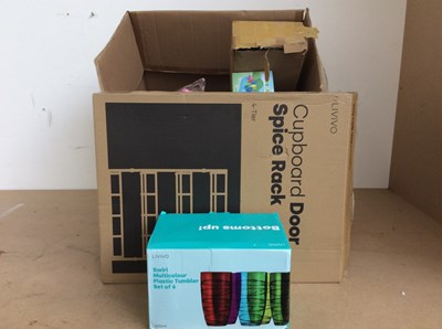 Lot 174 - Box Of Miscellaneous, Plastic Tumbler Set, Spice Rack ETC
