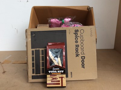 Lot 221 - Box Of Miscellaneous, Spice Rack, Junior Toolkit ETC