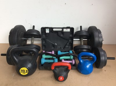 Lot 224 - Exercise Equipment Including Kettle Bells, Dumbbells, 2 Barbells & Case Of Small VFit Dumbells