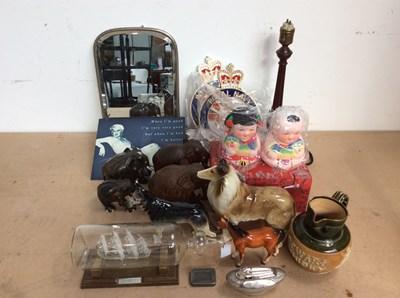 Lot 158 - Box Of Miscellaneous, Including A Lamp, Wooden Elephants & A Mirror