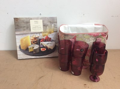 Lot 213 - Slate cheese platter with cool bag and plastic glasses