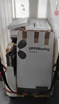 Lot 184 - cage of misc inc uppababy vista pram and magazines