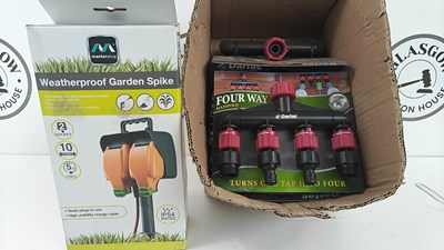Lot 20 - 7 Fourway Manifold Hose Adapters & Two Socket Weatherproof Garden Spike