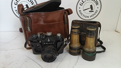 Lot 107 - Pair of vintage binoculars and a zenith TTL camera in carry bag