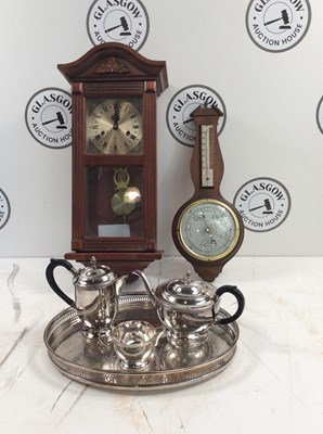 Lot 182 - Silver plated on brass team set with tray and Antique wall clock with barometer