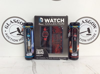 Lot 63 - DC Comic Watch Collection, Suicide Squad Edition And Two Firefly Star Wars Lightsaber Toothbrushes