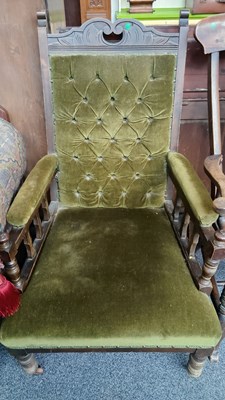 Lot 231 - Victorian carved library chair in green velour fabric