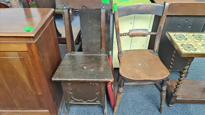Lot 214 - 2 antique dark wood chairs one turned legs kitchen style and 1 porter hall style with storage